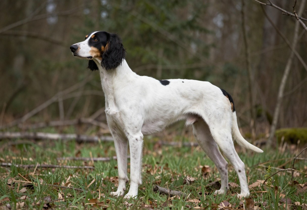 AI-generated photo of a lean white hound with black ears and small tan markings standing in woods