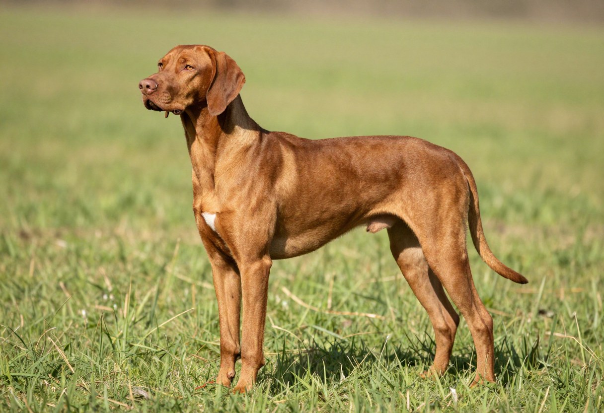 AI-generated photo of a lean rust-gold dog with long drooping ears standing in a field