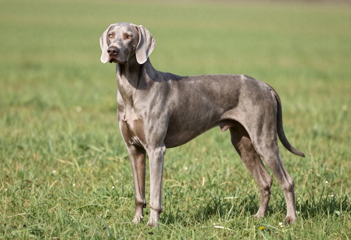 AI-generated photo of a sleek silver-gray dog with light eyes and long ears standing in a field