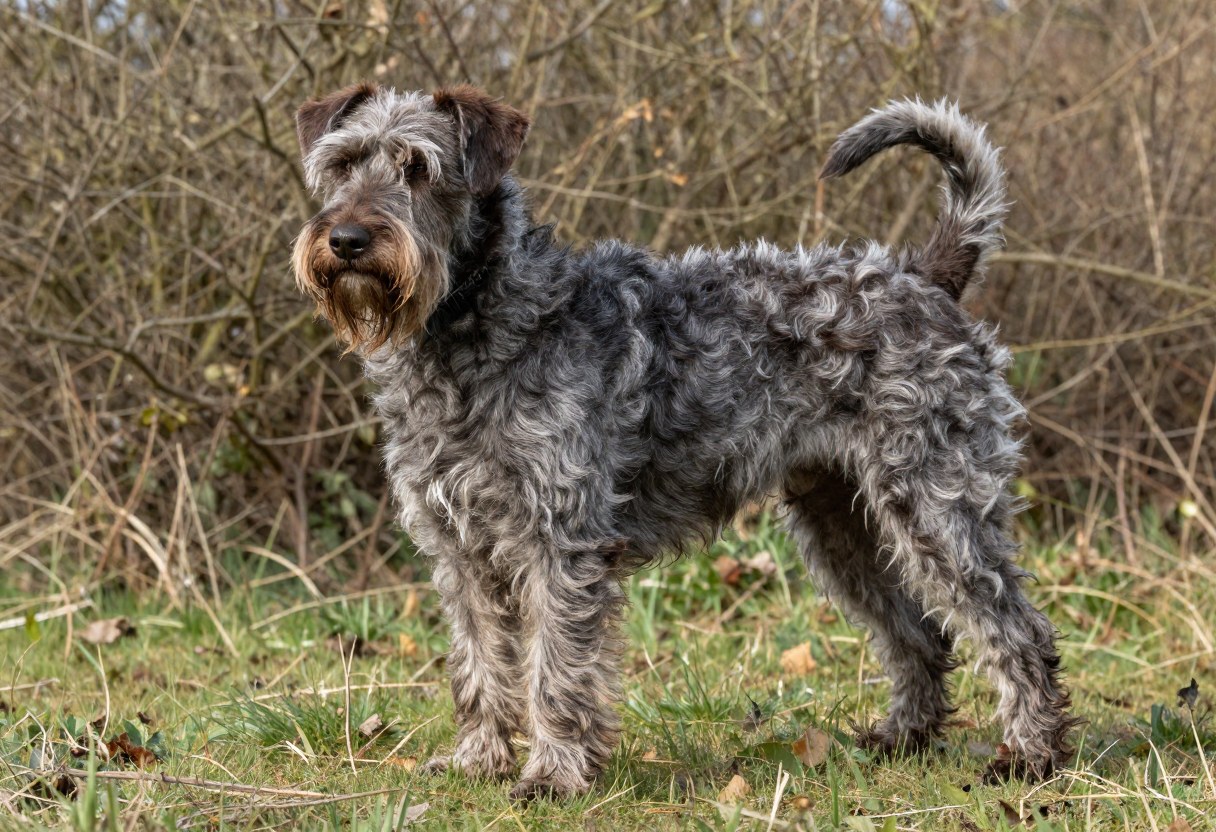 AI-generated photo of a shaggy steel-gray and brown wire-coated dog with a bearded face standing in a brushy field