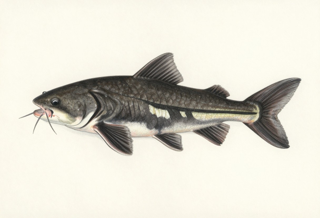 Illustration of a black bullhead catfish in side view, stocky and dark olive with dark whiskers