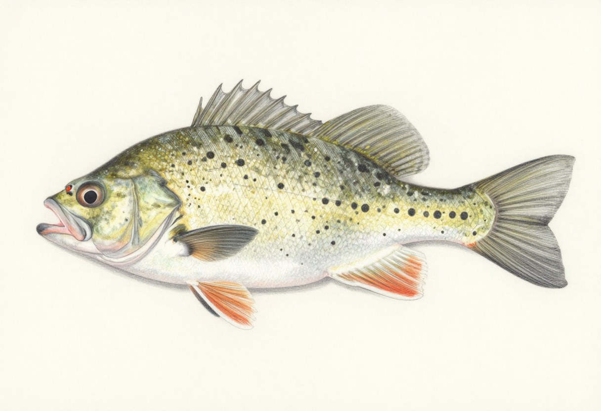 Illustration of a black crappie in side view, silvery green with irregular black blotches