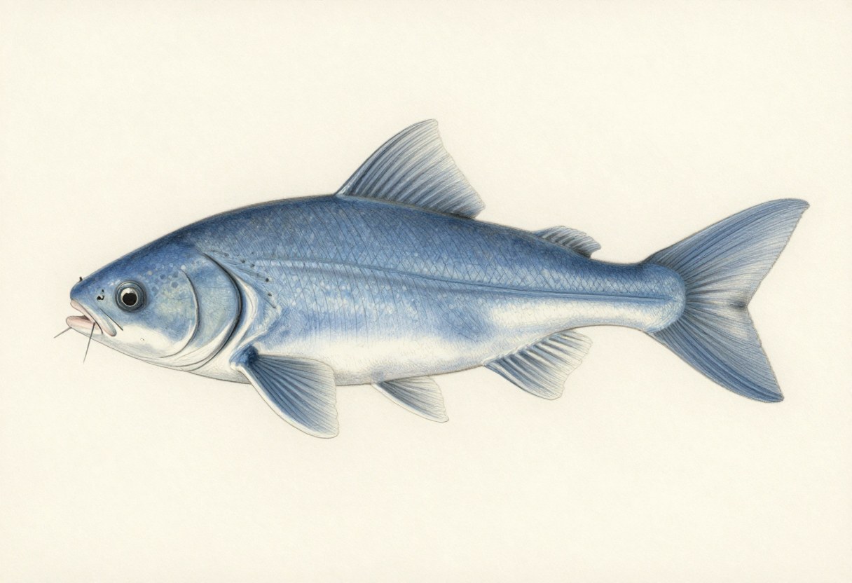 Illustration of a blue catfish in side view, smooth slate-blue body with a humped back and a forked tail