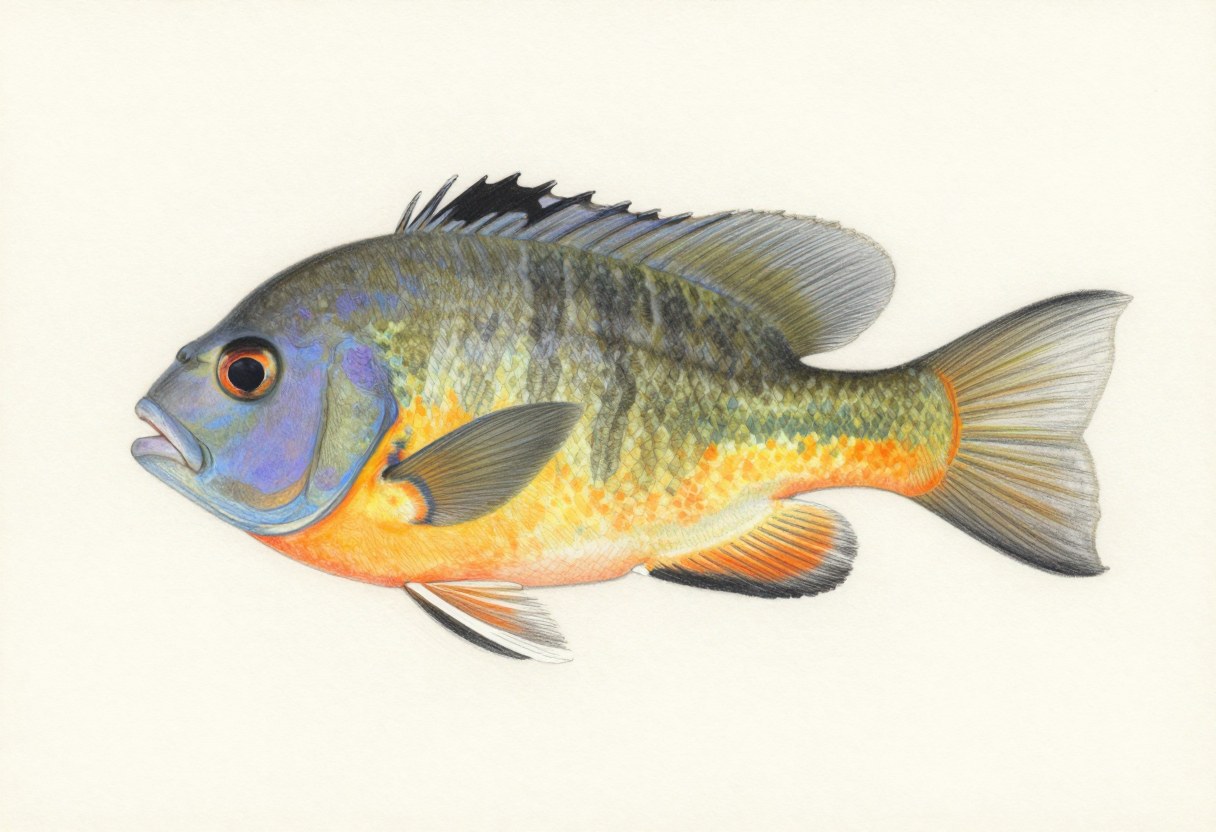 Illustration of a bluegill sunfish in side view, deep olive body, blue-tinged head, and an orange-yellow breast