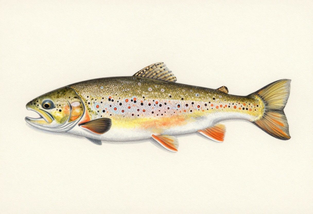 Illustration of a brown trout in side view, golden brown with dark and red spots ringed in pale halos