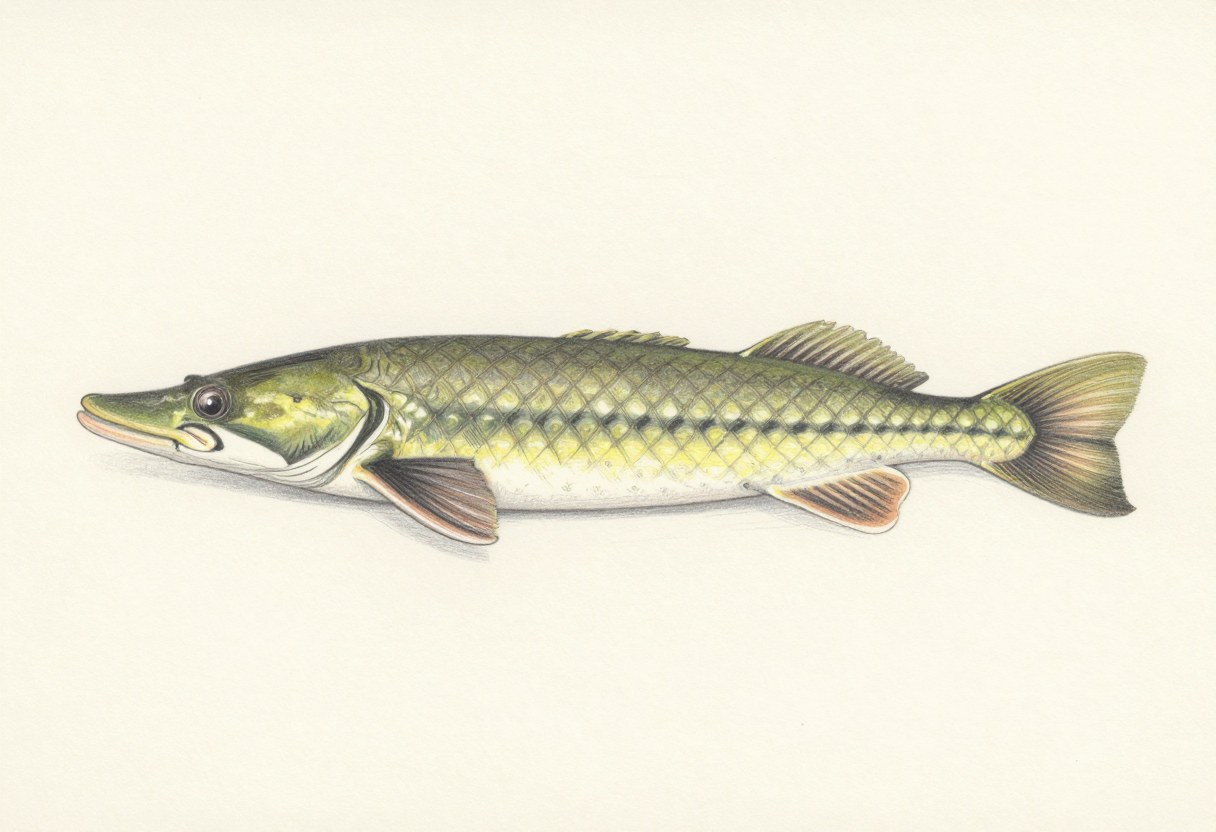 Illustration of a chain pickerel in side view, long and green with a dark chain-link pattern and a pointed snout