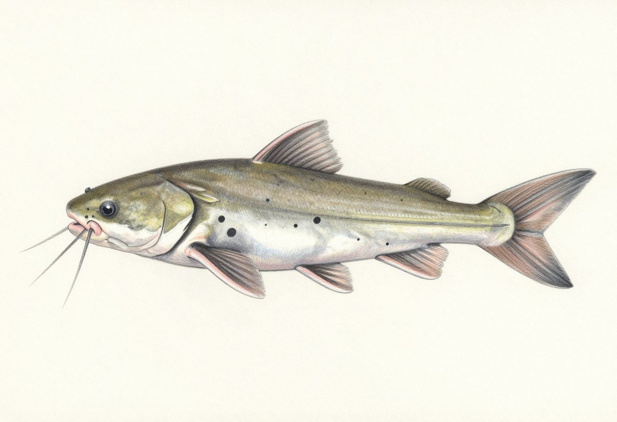 Illustration of a channel catfish in side view with a forked tail, long barbels, and a few small dark spots