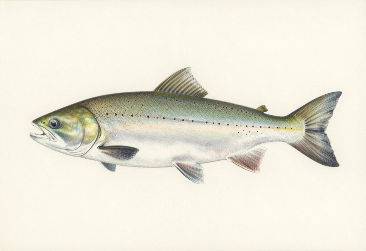 Illustration of a chinook salmon in side view, silver with a blue-green back and scattered small black spots