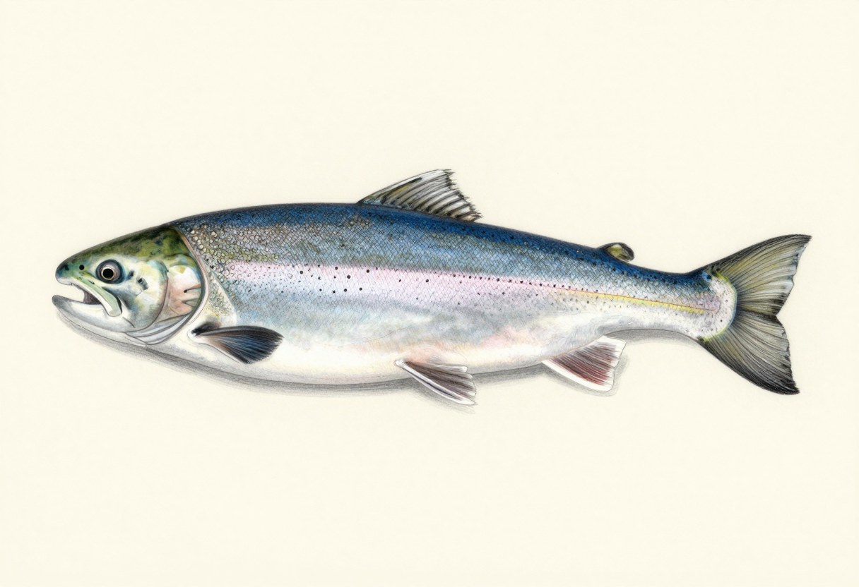 Illustration of a coho salmon in side view, bright silver with a dark blue back and small black spots