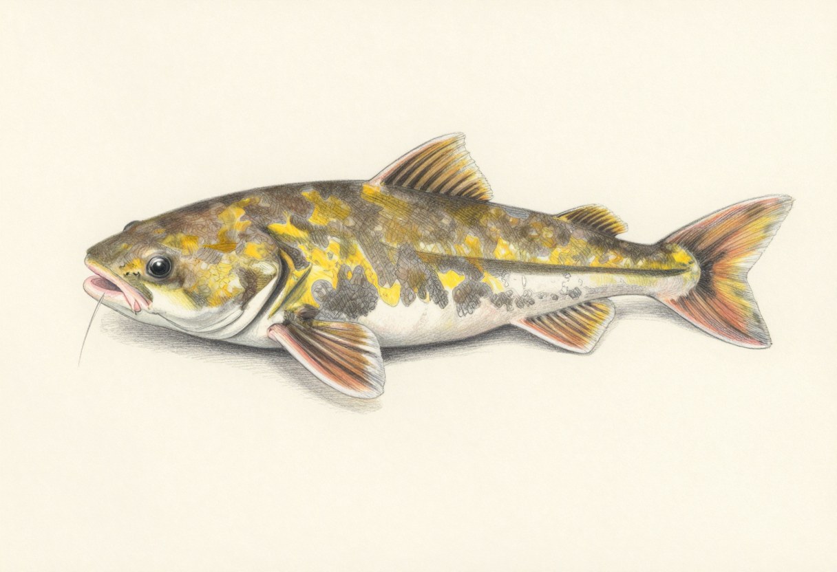 Illustration of a flathead catfish in side view, with a mottled yellow-brown body and a broad head
