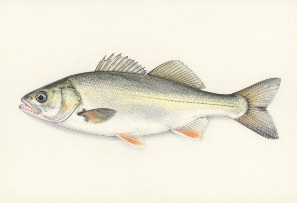 Illustration of a freshwater drum in side view, humped silvery gray with a long notched dorsal fin and rounded tail