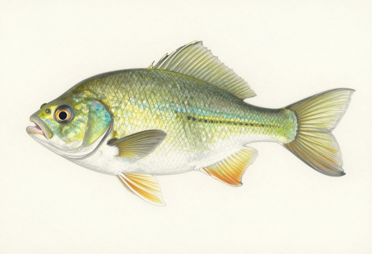 Illustration of a green sunfish in side view, olive green with blue-green streaks on the cheek and yellow-edged fins