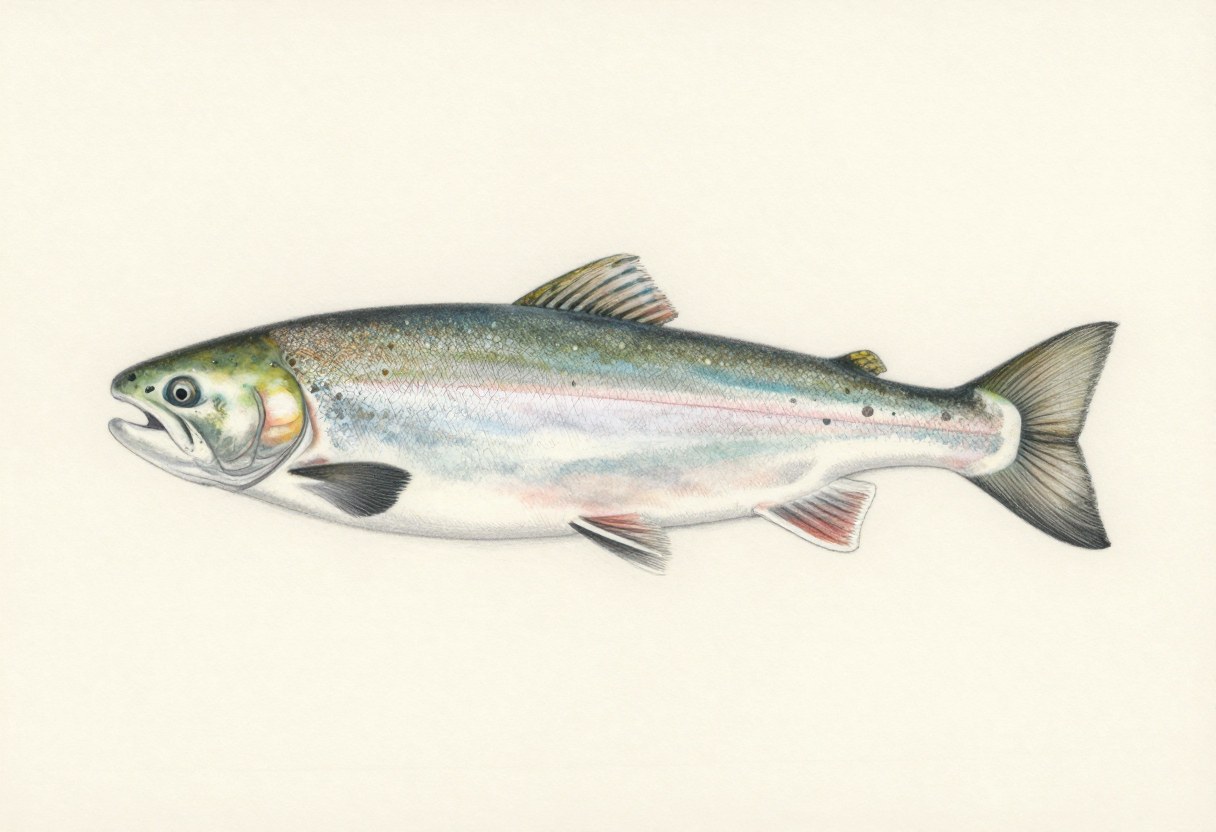 Illustration of a kokanee salmon in side view, slender and silver with a blue-green back and no large spots