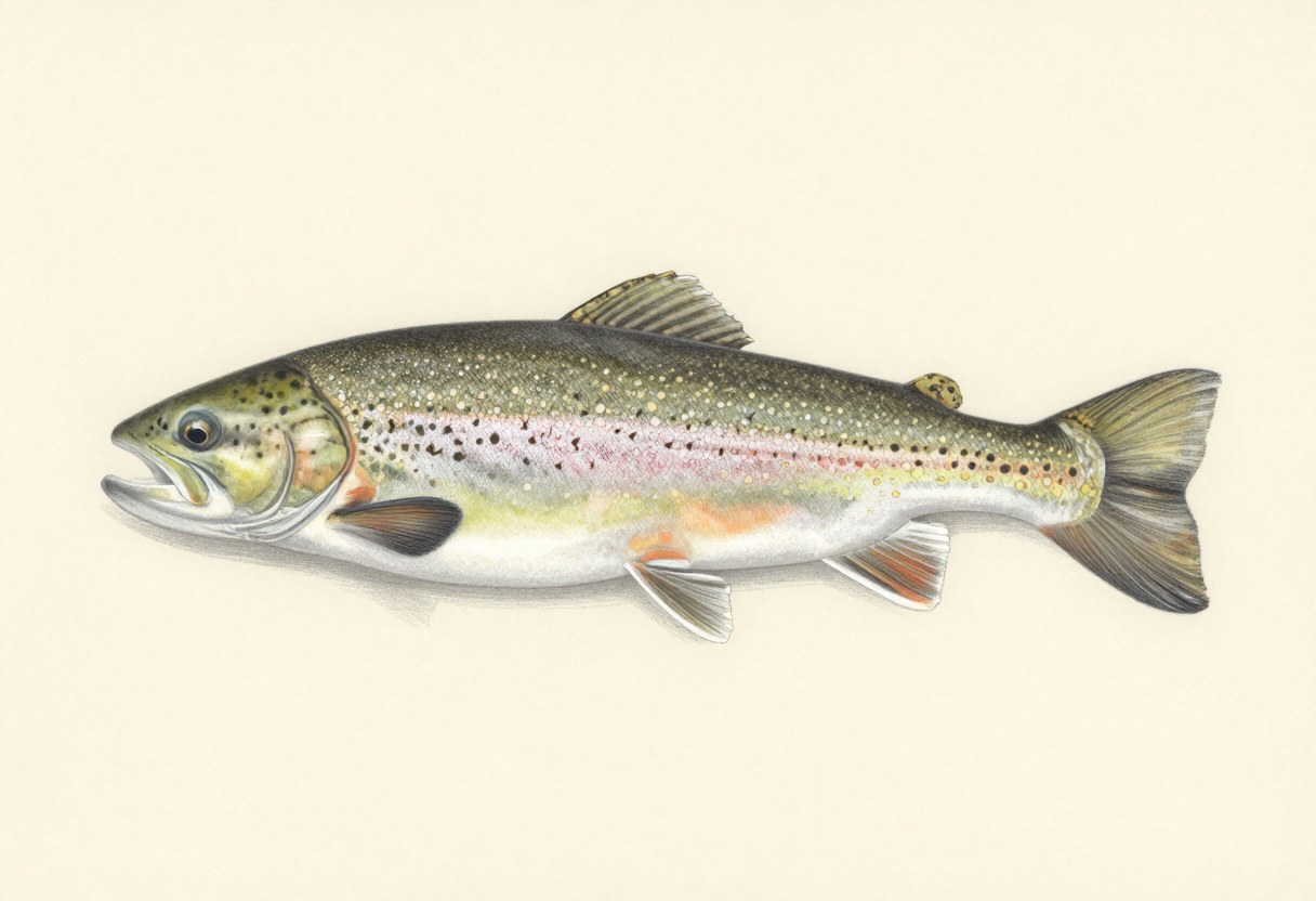 Illustration of a lake trout in side view, dark gray-green with pale spots and a deeply forked tail