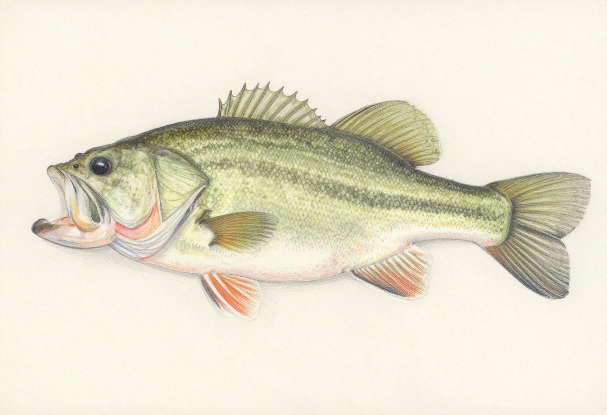 Illustration of a largemouth bass in side view, olive green with a dark horizontal stripe and a large mouth