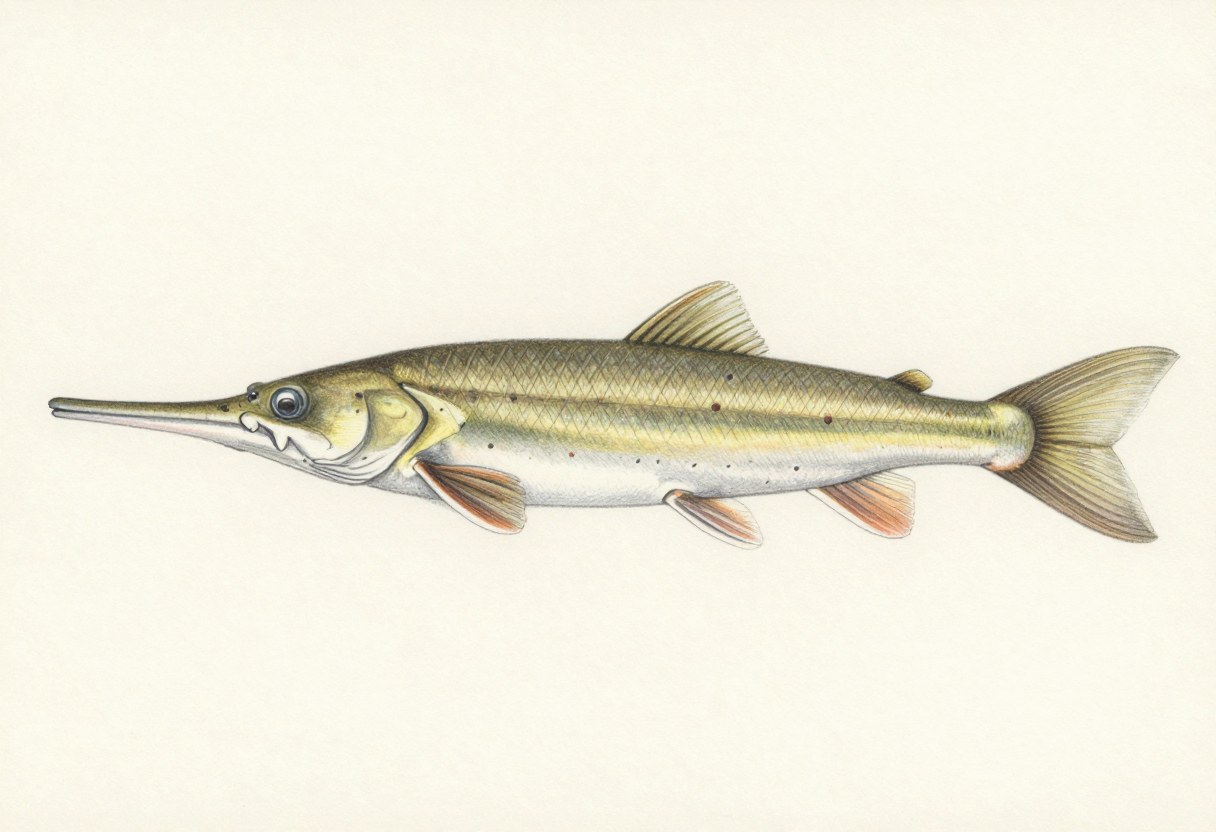 Illustration of a longnose gar in side view, long and cylindrical with a very long narrow toothy snout