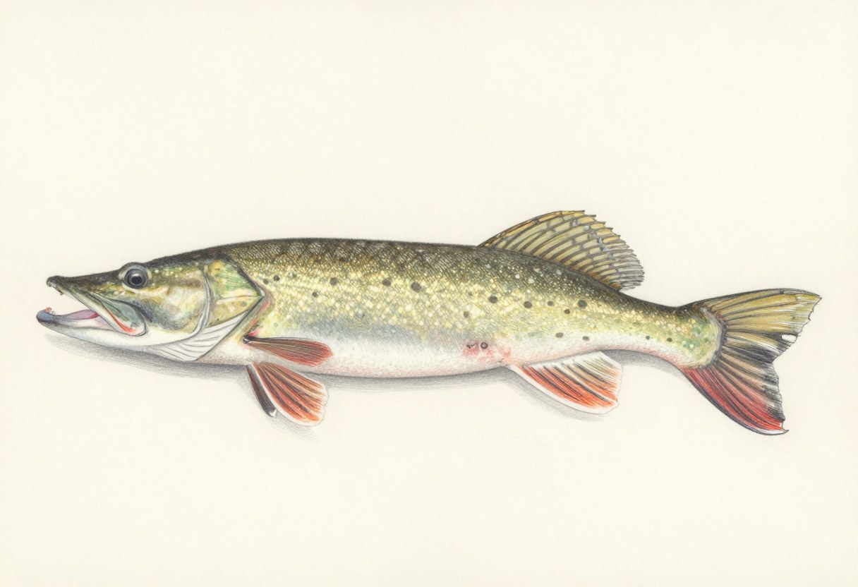 Illustration of a muskellunge in side view, long and green-brown with dark vertical bars and pointed tail lobes