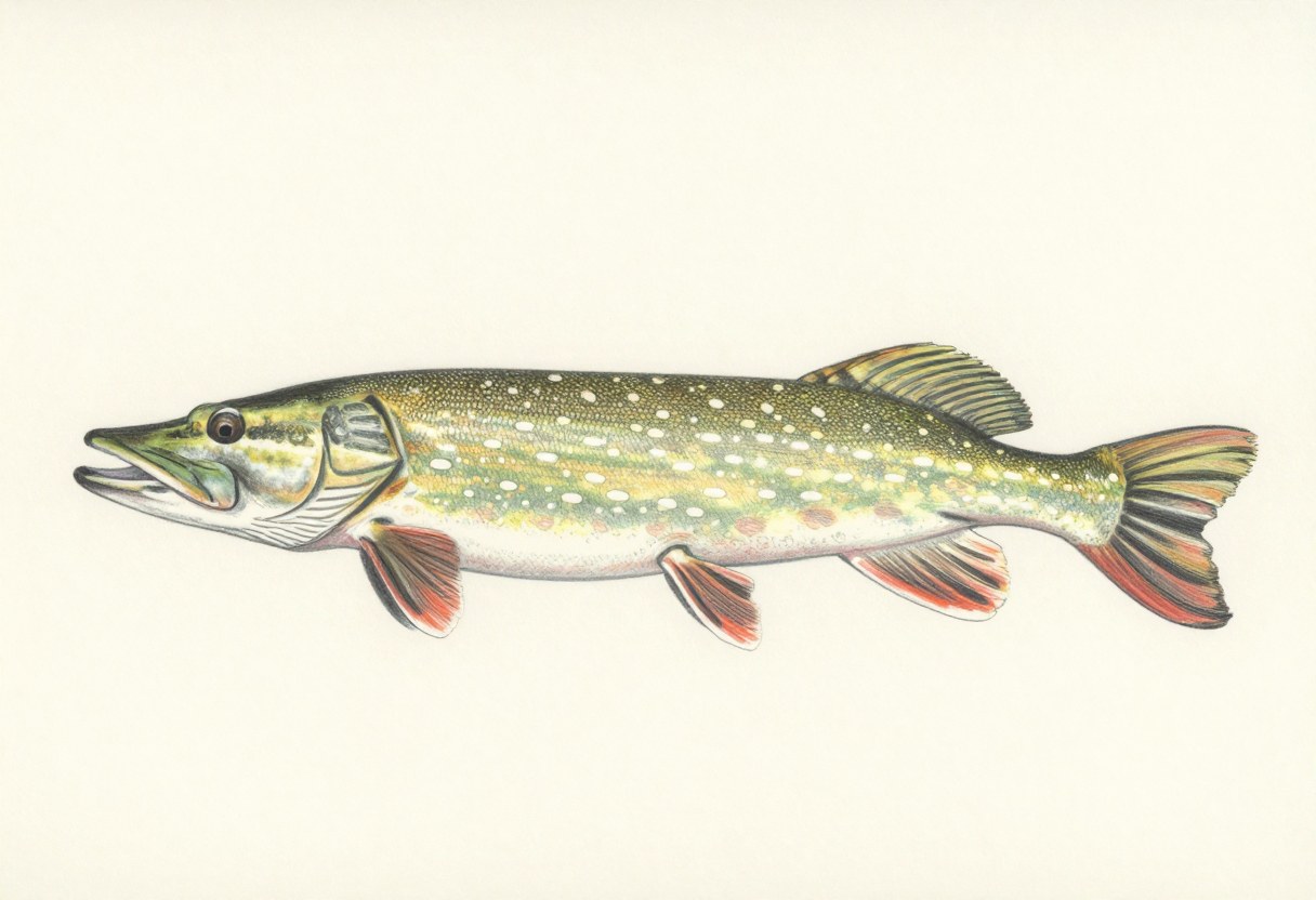Illustration of a northern pike in side view, long and green with rows of pale bean-shaped spots
