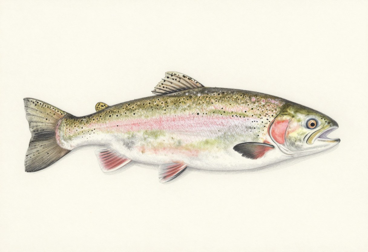 Illustration of a rainbow trout in side view, silvery with a pink stripe and black spots