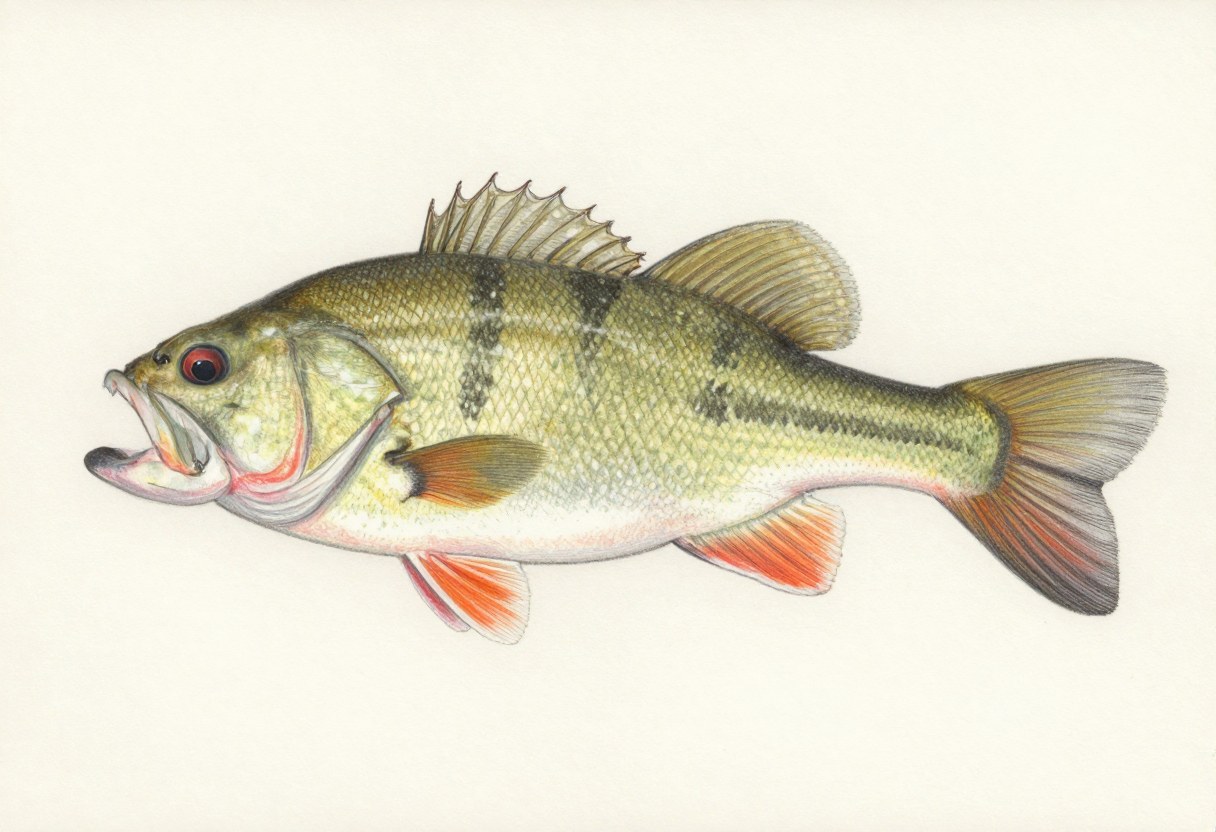 Illustration of a smallmouth bass in side view, olive-bronze with dark vertical bars and a red-brown eye