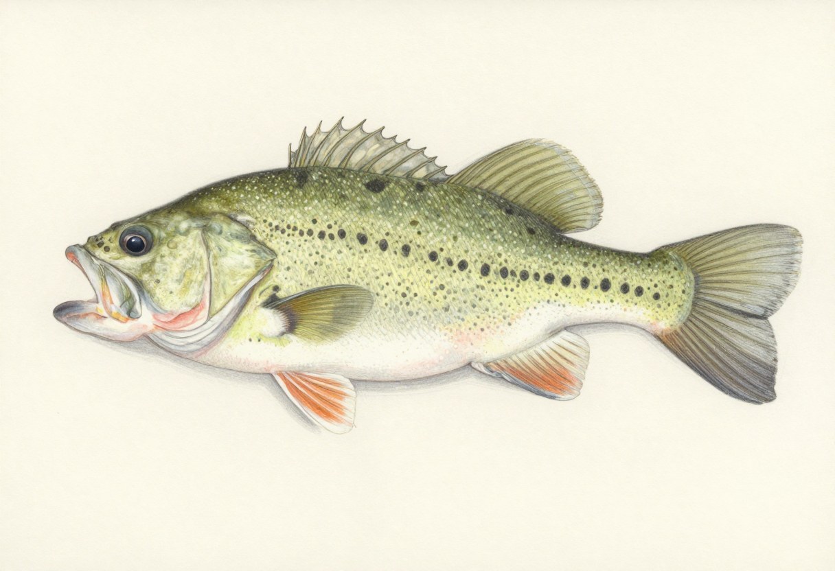 Illustration of a spotted bass in side view, olive green with a dark stripe and rows of small spots on the lower sides