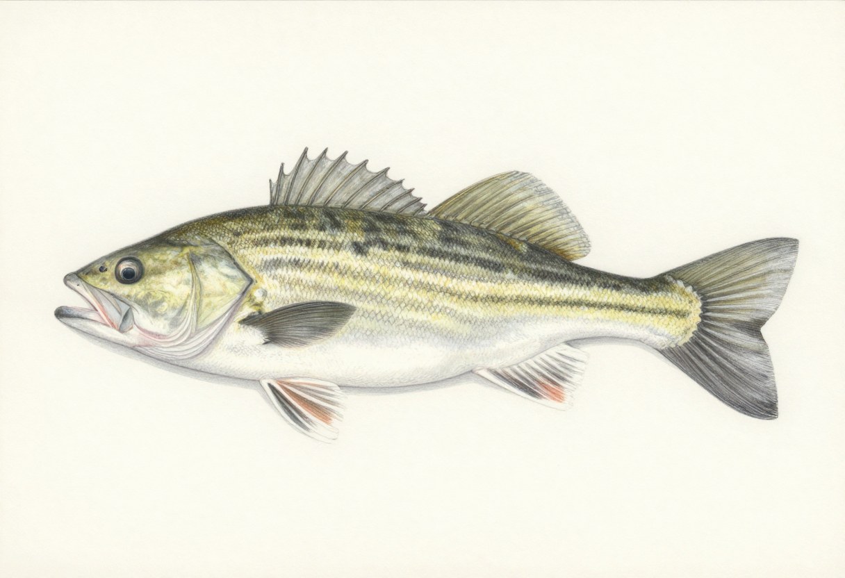 Illustration of a striped bass in side view, long and silvery with dark unbroken horizontal stripes