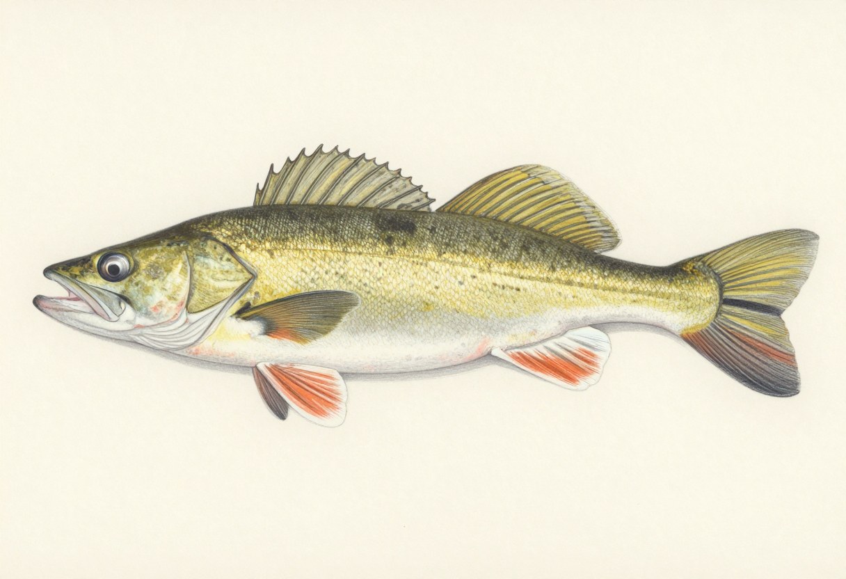 Illustration of a walleye in side view, olive gold with large glassy eyes and a white tip on the lower tail lobe