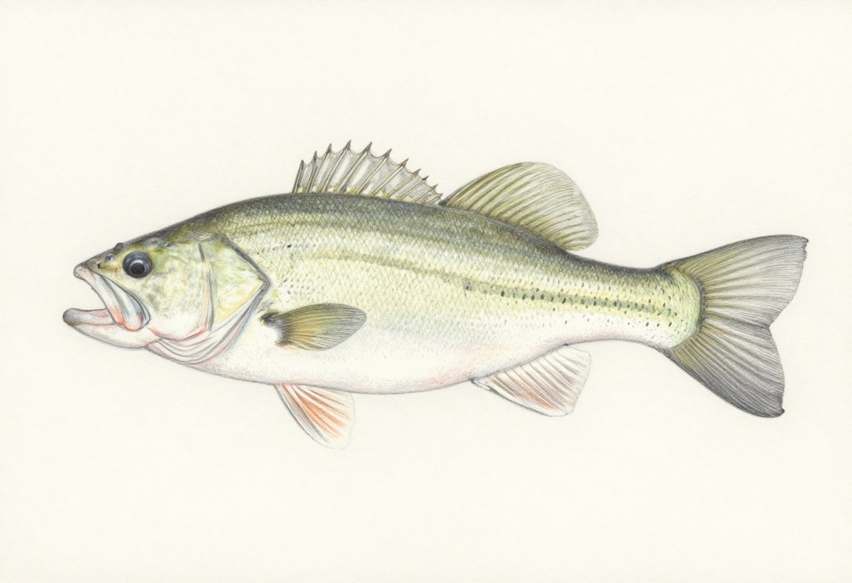 Illustration of a white bass in side view, deep silvery body with faint dark horizontal lines