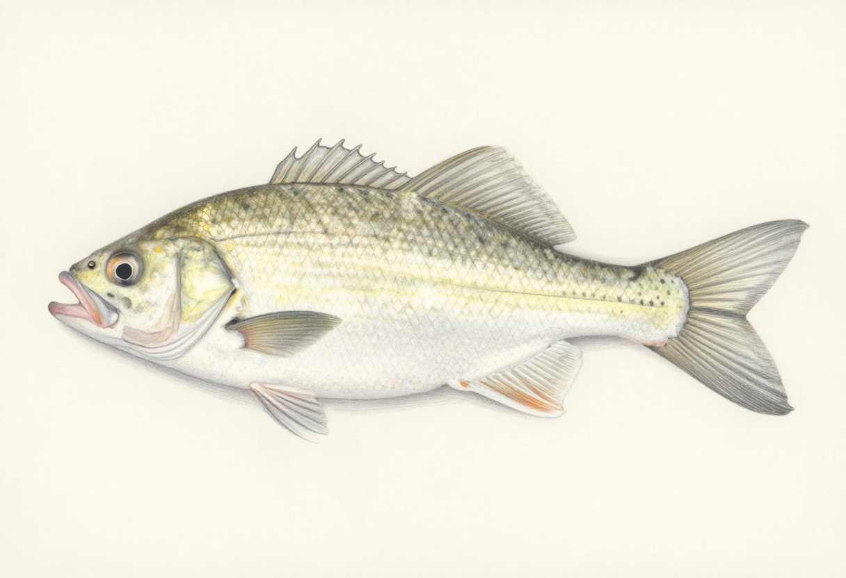 Illustration of a white crappie in side view, silvery white with faint dark vertical bars