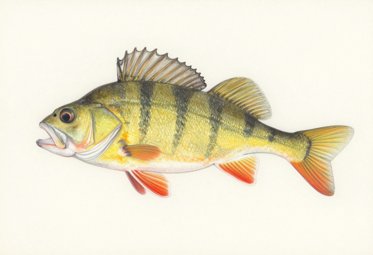 Illustration of a yellow perch in side view, golden yellow with dark vertical bars and orange lower fins