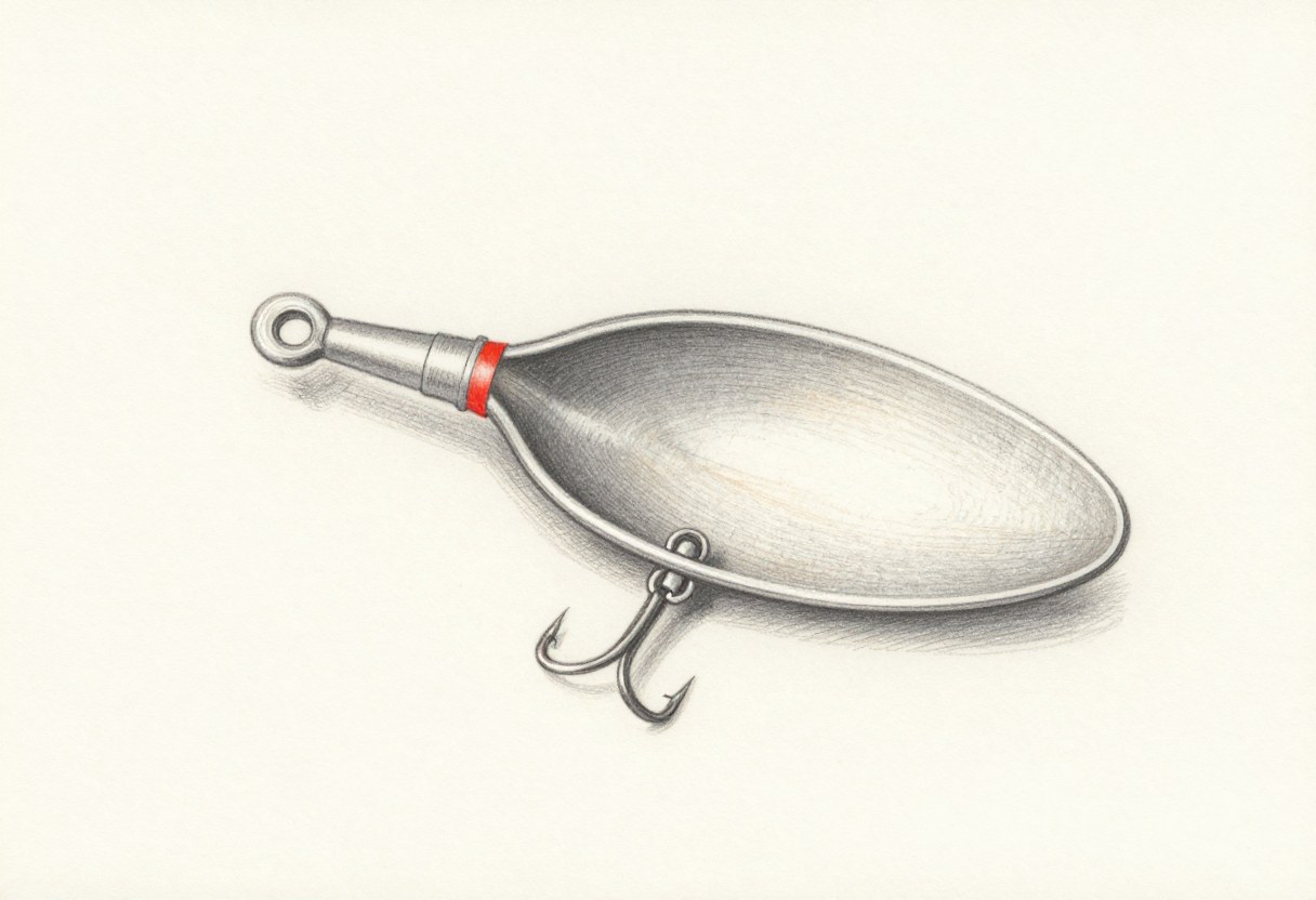 Colored-pencil illustration of a curved, flat silver casting spoon with a treble hook