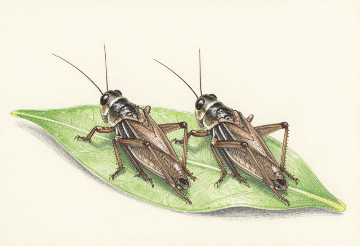 Colored-pencil illustration of two live crickets on a green leaf with long antennae and large hind legs