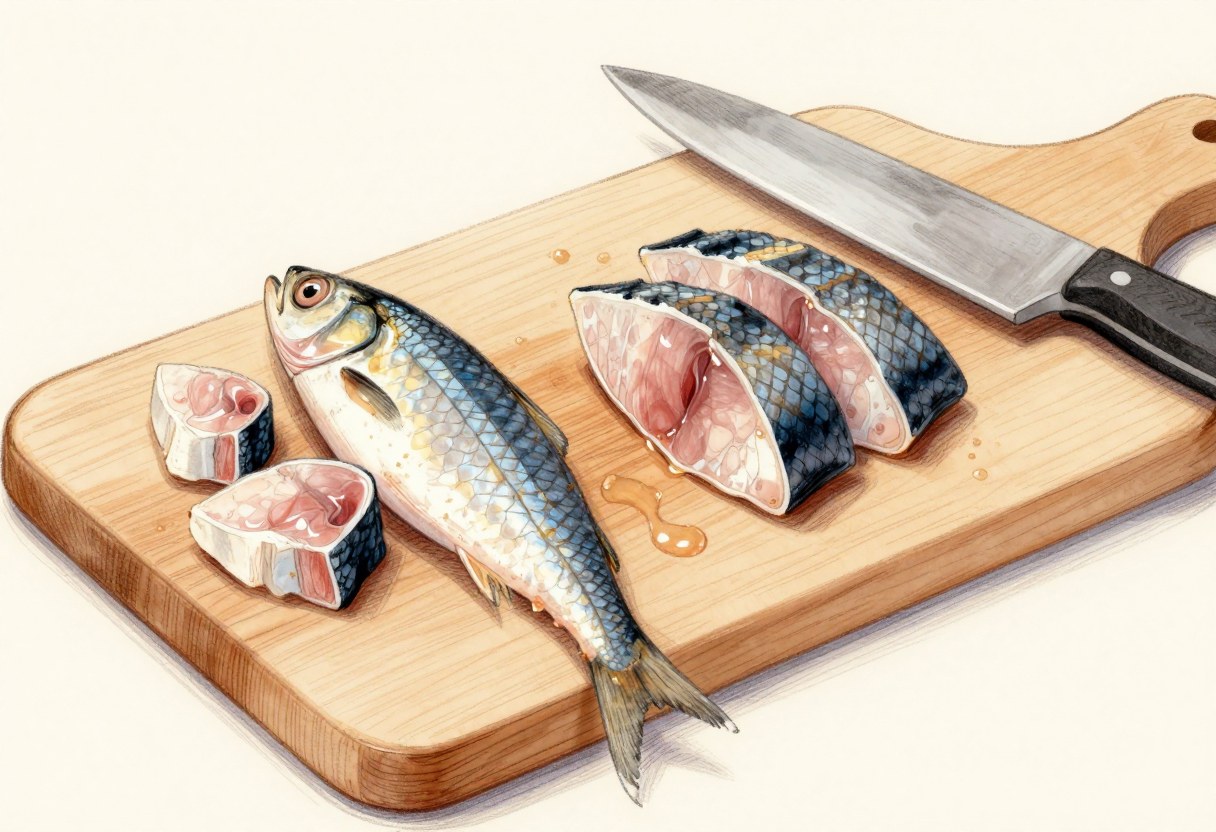 Colored-pencil illustration of a whole shad and chunks of cut fish bait on a cutting board beside a knife