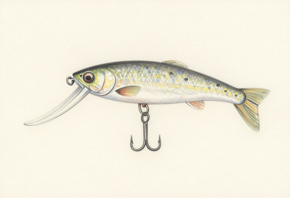 Colored-pencil illustration of a deep-diving crankbait with a long curved diving lip and a treble hook