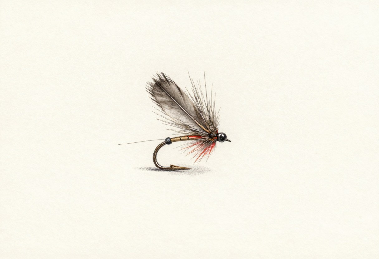 Colored-pencil illustration of a dry fly with upright wings, a feather tail, and a hackle collar on a small hook