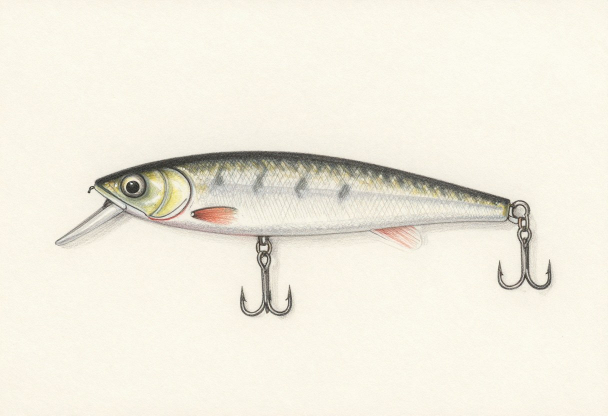 Colored-pencil illustration of a long slender minnow-shaped jerkbait with a short lip and treble hooks