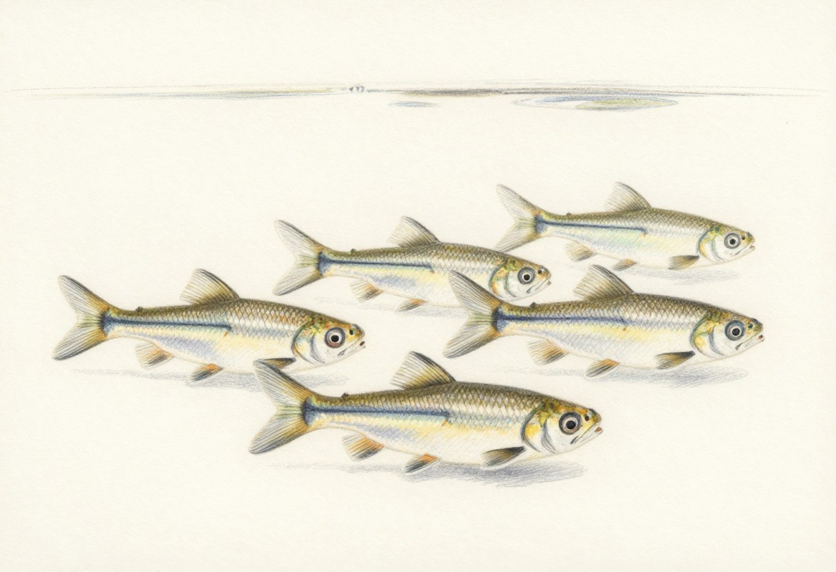 Colored-pencil illustration of a small group of live minnows swimming, silvery with a dark stripe along the side