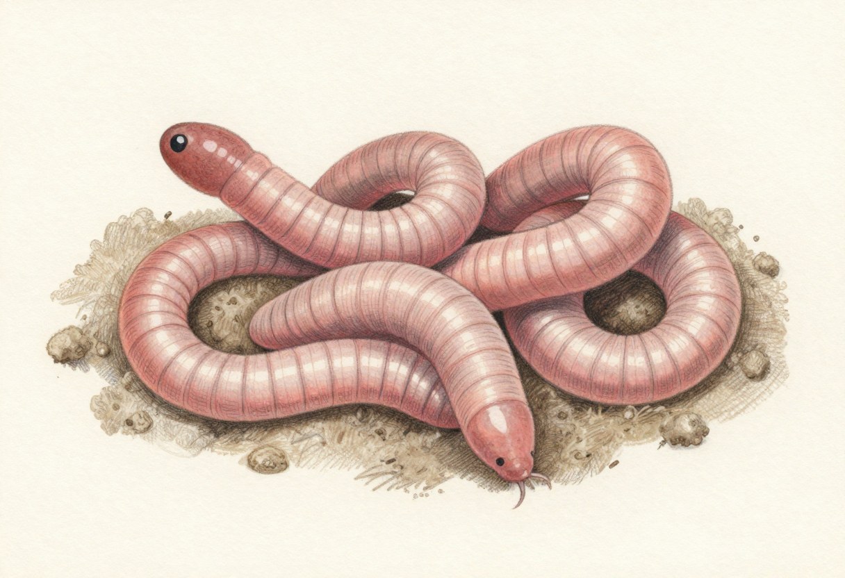 Colored-pencil illustration of several large reddish-brown nightcrawler earthworms curled together on soil