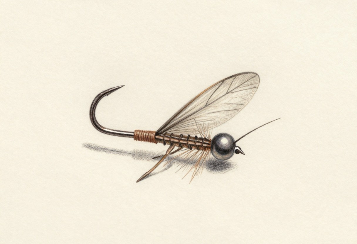Colored-pencil illustration of a beadhead fly with a wrapped, segmented body, a small wing, and a soft tail on a curved hook