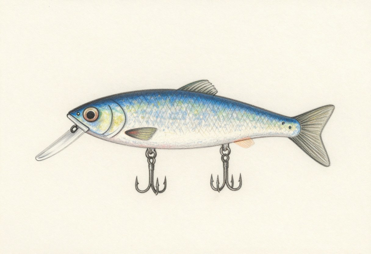 Colored-pencil illustration of a fat-bodied shallow-diving crankbait with a short clear lip and two treble hooks