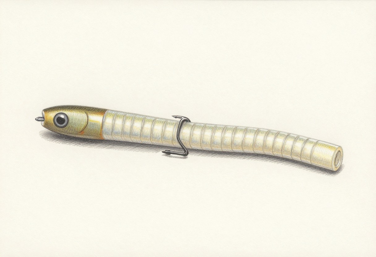 Colored-pencil illustration of a thick, straight soft plastic stick bait with a hook through the middle