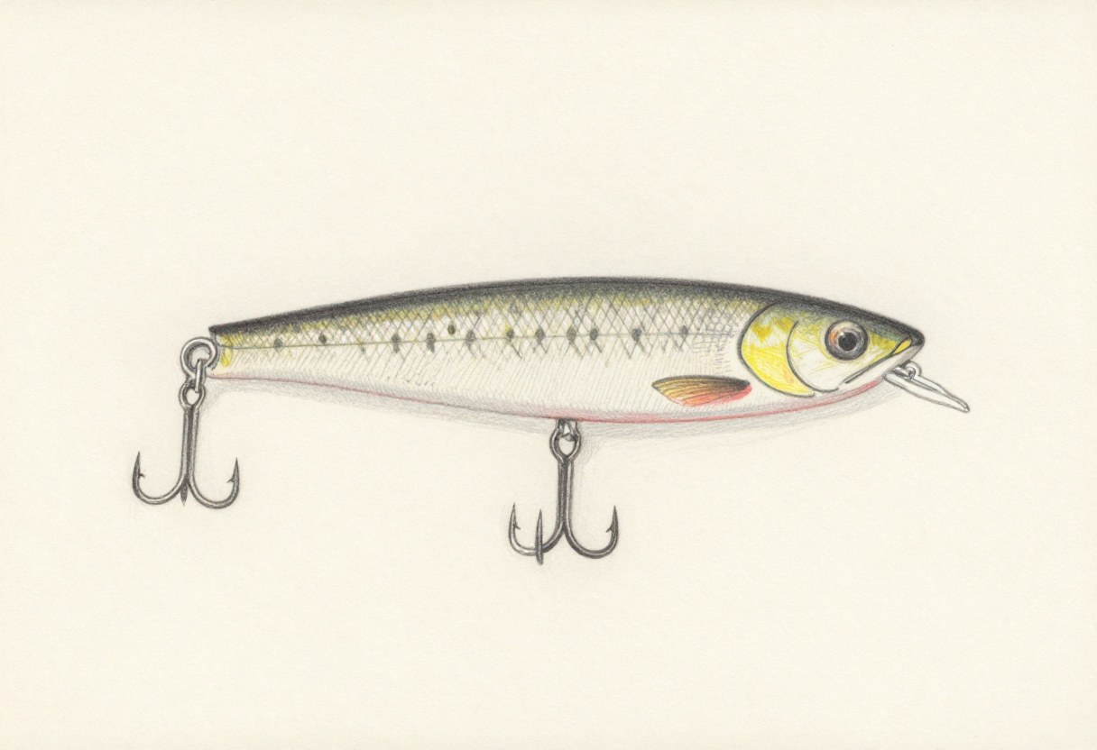 Colored-pencil illustration of a long, slender topwater walking bait with treble hooks