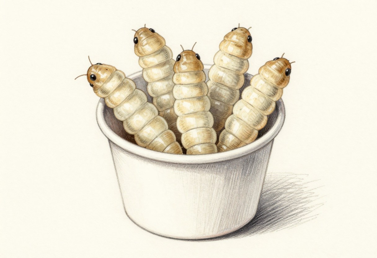 Colored-pencil illustration of a handful of small cream-colored waxworm grubs in a paper cup