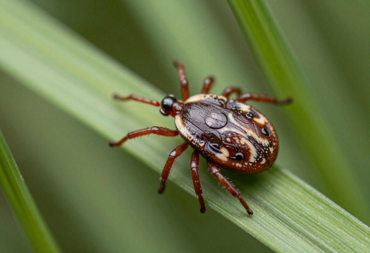 AI-generated macro photo of a brown tick with cream-colored ornate markings on its shield, on a blade of grass