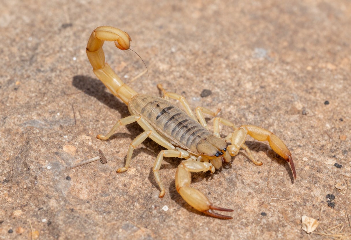 AI-generated macro photo of a pale yellow-tan scorpion with a curved tail on desert rock