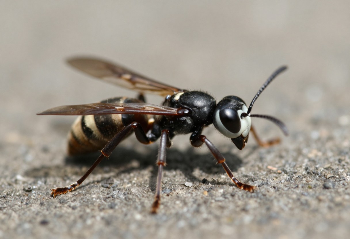 AI-generated macro photo of a black wasp with a white face and white markings on the abdomen