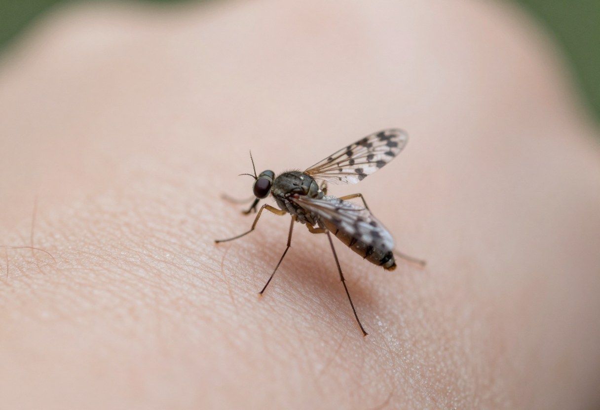 AI-generated macro photo of a tiny gray fly with patterned wings on human skin