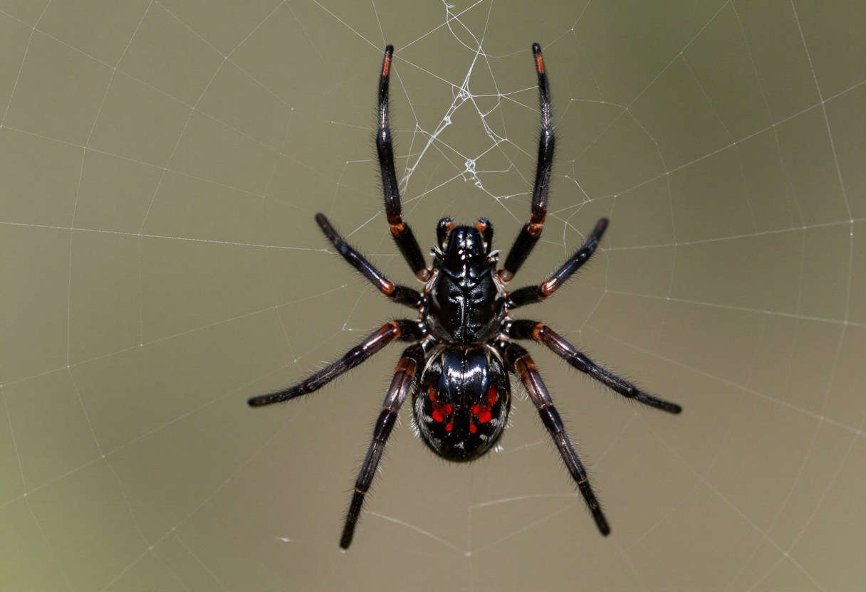 AI-generated macro photo of a shiny black spider with red markings on its abdomen hanging in a web