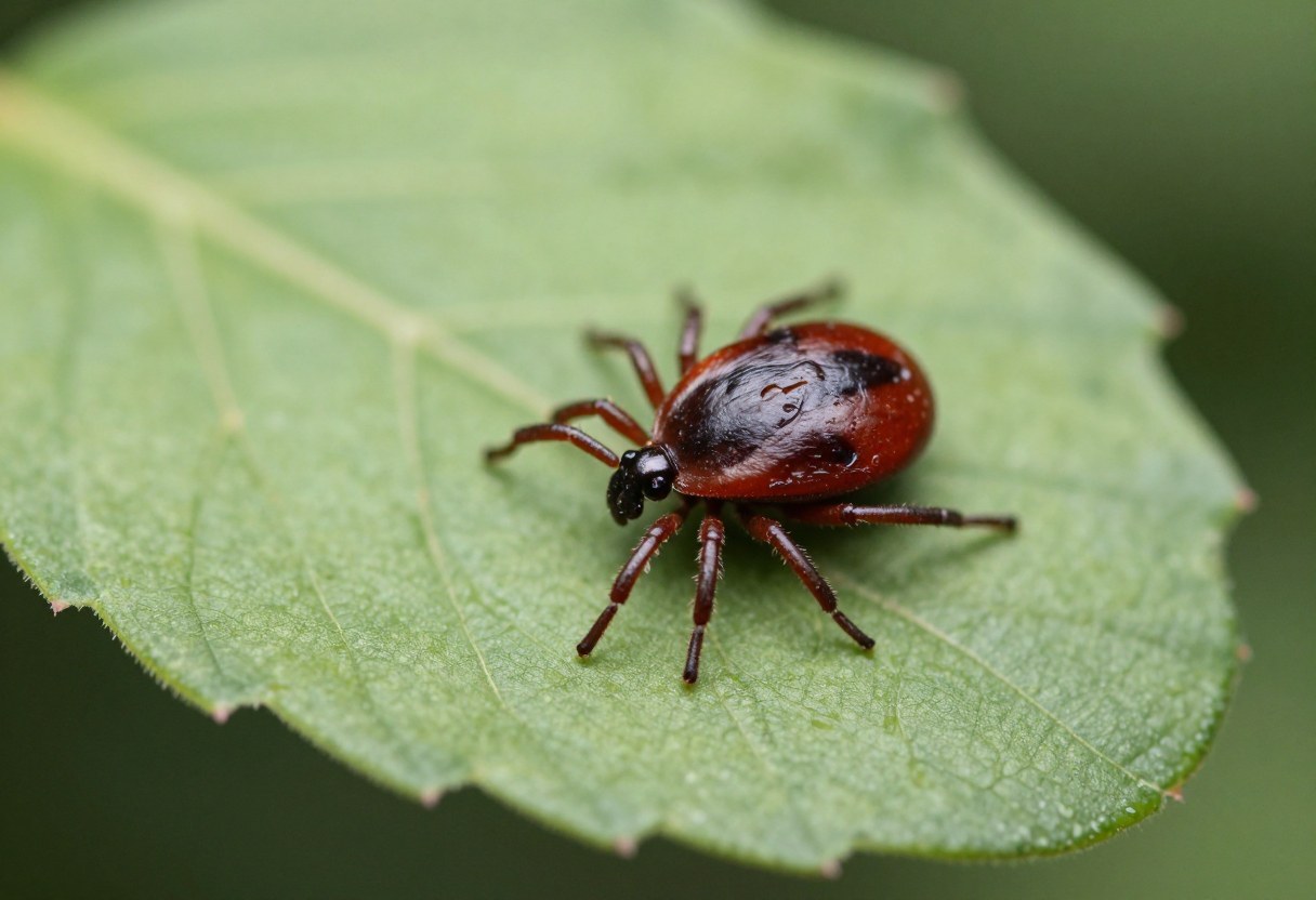 AI-generated macro photo of a small reddish-brown tick with a dark shield and dark legs on a green leaf