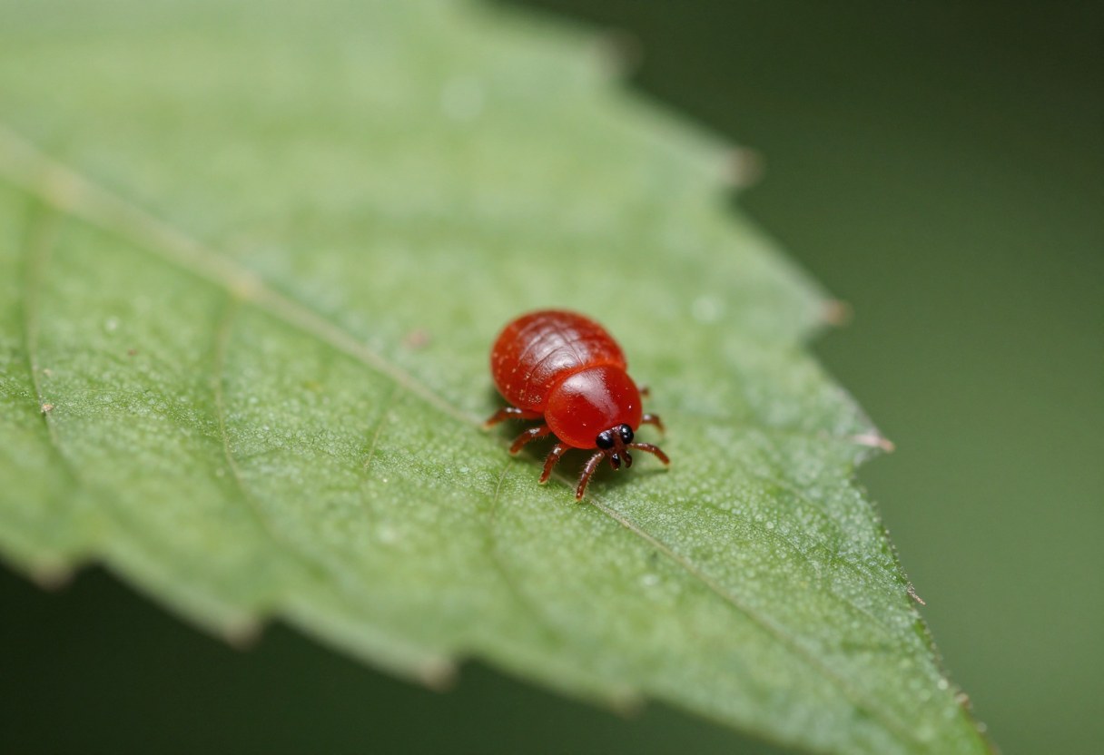 AI-generated macro photo of a tiny bright red mite on a green leaf, much larger than life